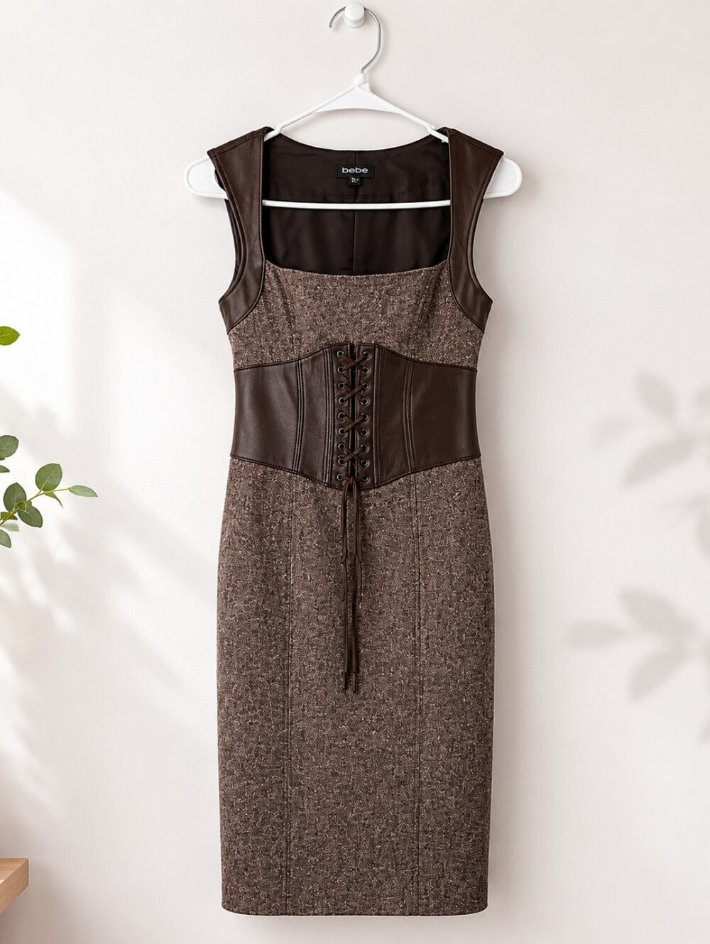 Bebe Brown Wool Blend Leather Trim Corset Sheath Dress